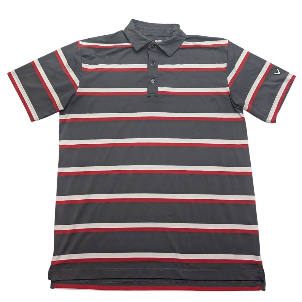 Callaway Polo Shirt Mens Medium Grey Red Striped Opti-Dri Golf Performance
